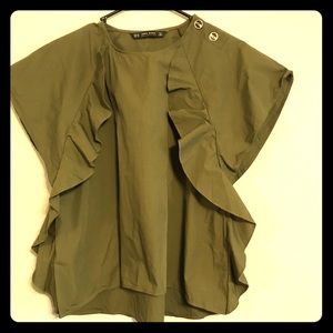 Olive green Zara shirt with ruffles